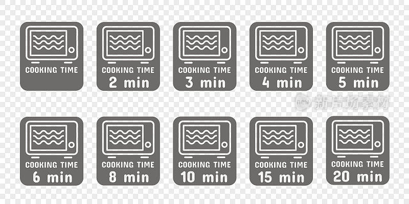 烹饪和加热时间在微波炉。指示符号和图标。向量