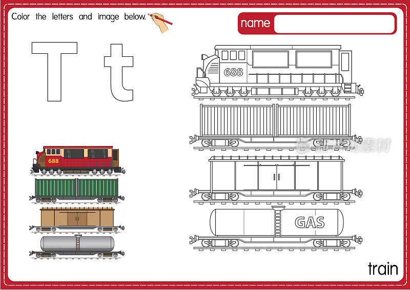 矢量插图的儿童字母着色书页与概述剪贴画，以颜色。字母T代表火车。