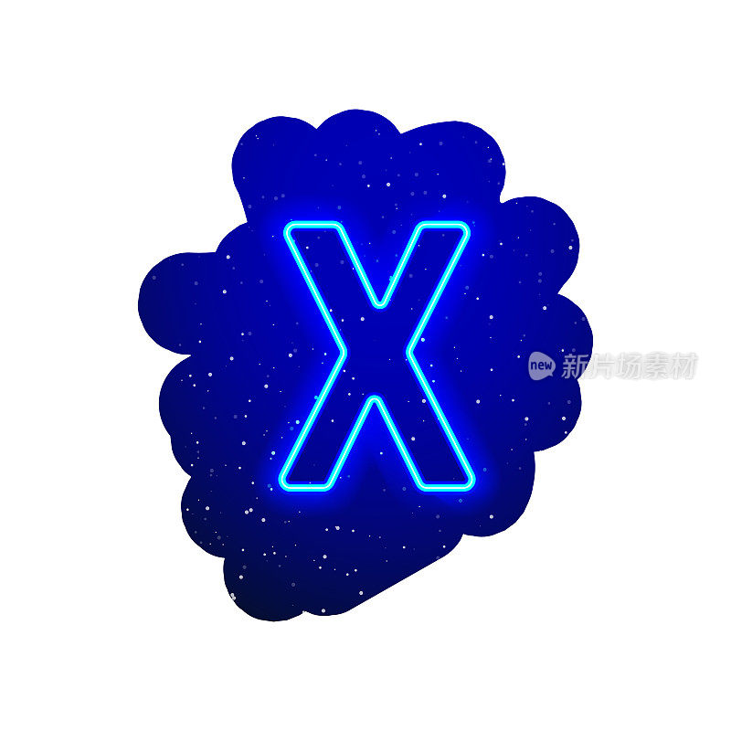 LED蓝光霓虹灯字体。现实的霓虹灯爆炸。字母X星星间的夜景。