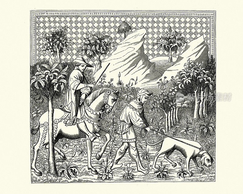 中世纪的领主和他的随从猎鹿，猎犬跟随鹿的气味，14世纪