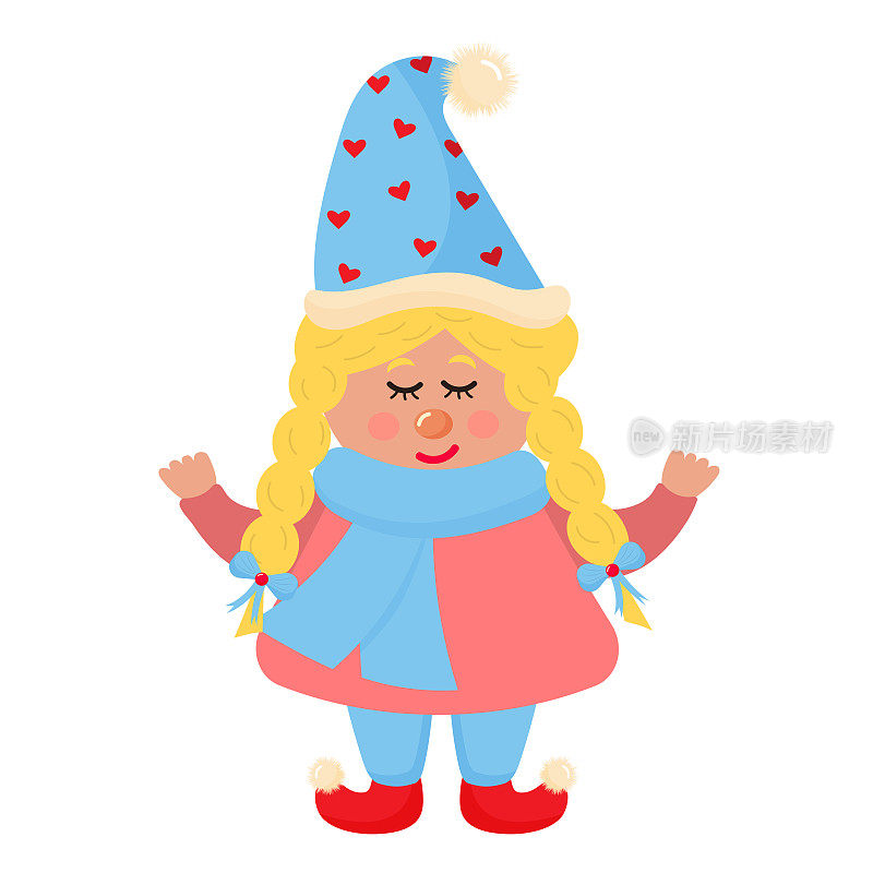 可爱的侏儒女孩，扎着辫子，戴着圣诞老人的帽子。