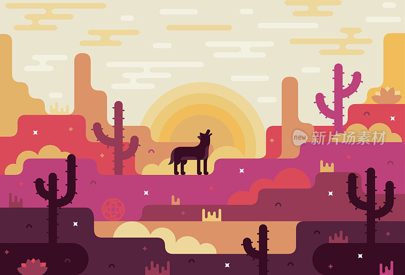 矢量平面卡通插图的沙漠，狼，仙人掌和日出。游戏的设计风格