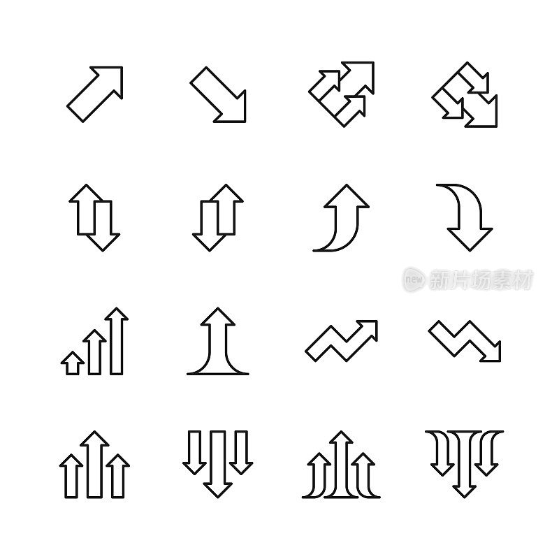 增加和减少线图标。可编辑的笔划，包含箭头，图表，图表，金融和经济，方向，图表，增长，利率，投资，业绩，规划，分享，股票市场数据，成功，交通。