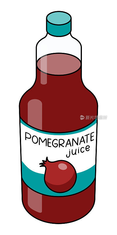 涂鸦卡通风格的红石榴汁在一个瓶子。清爽健康天然饮品，鸡尾酒配料。用于卡片，贴纸，海报，酒吧菜单或食谱书。