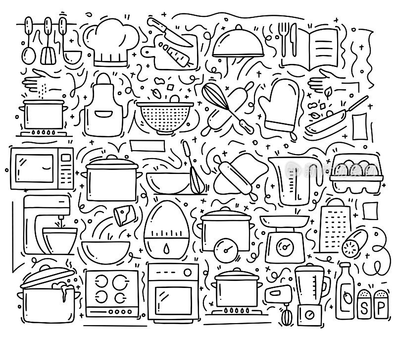 烹饪相关的对象和元素。手绘矢量涂鸦插图集合。手绘图案设计