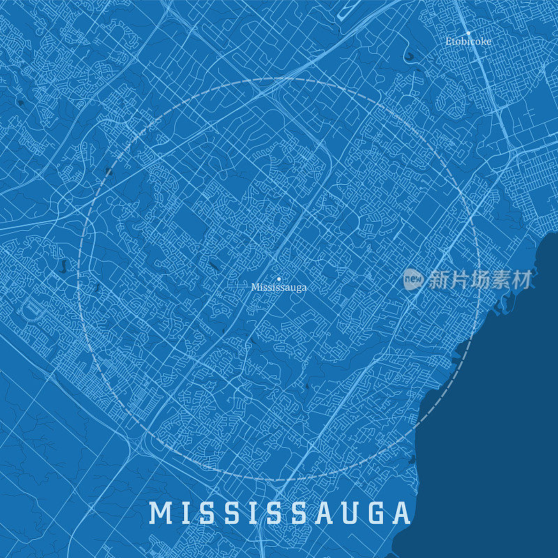 密西索加关于城市矢量道路地图蓝色文本