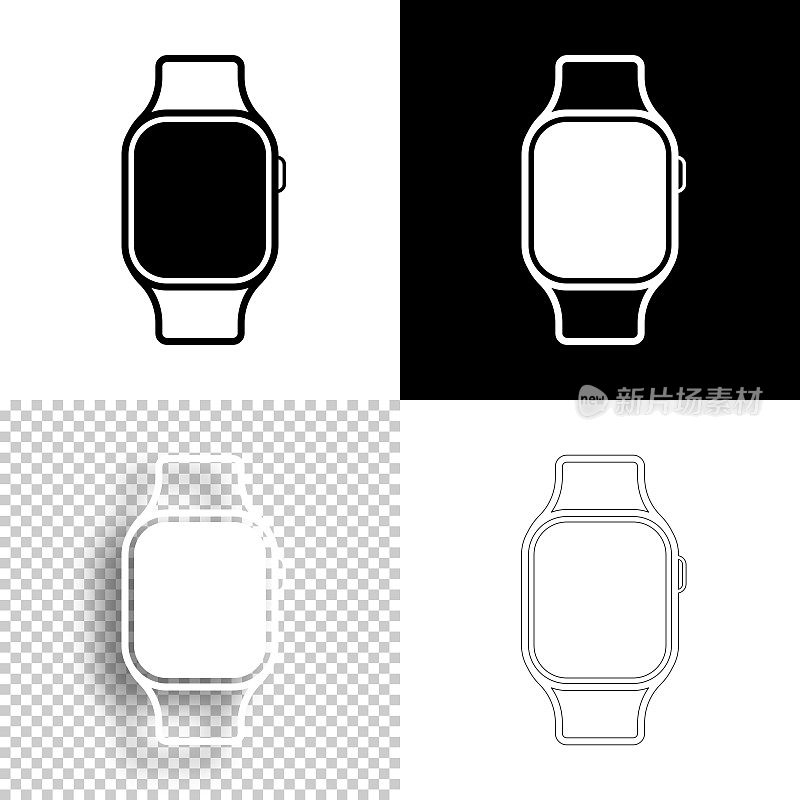 Smartwatch。图标设计。空白，白色和黑色背景-线图标