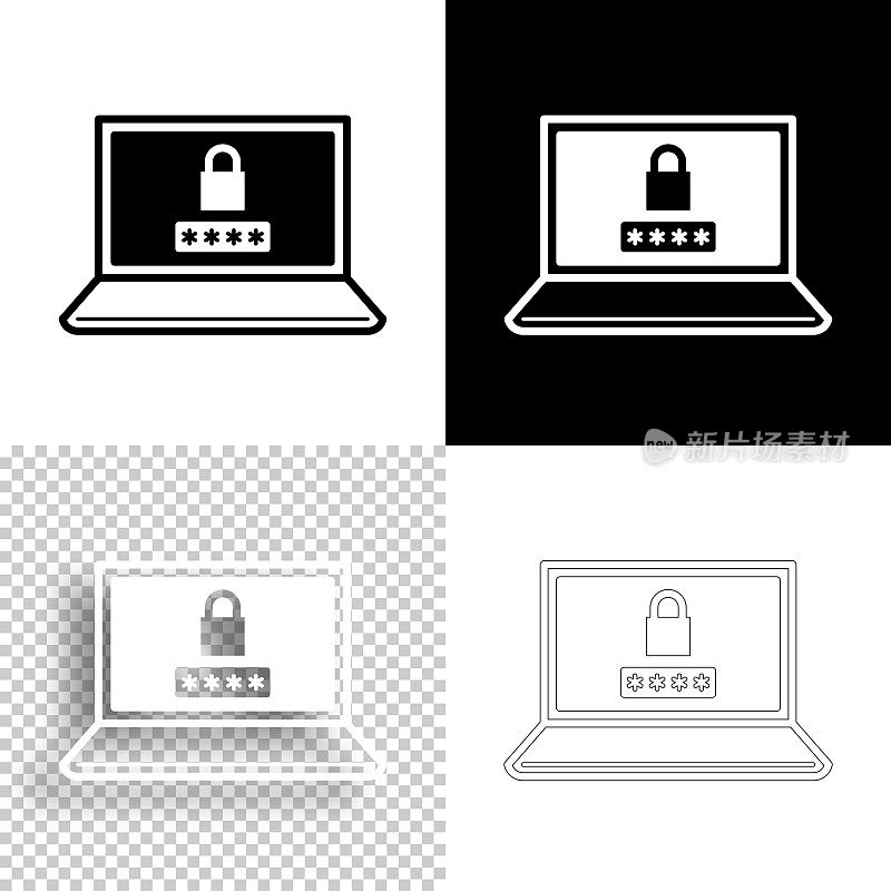笔记本电脑密码。图标设计。空白，白色和黑色背景-线图标