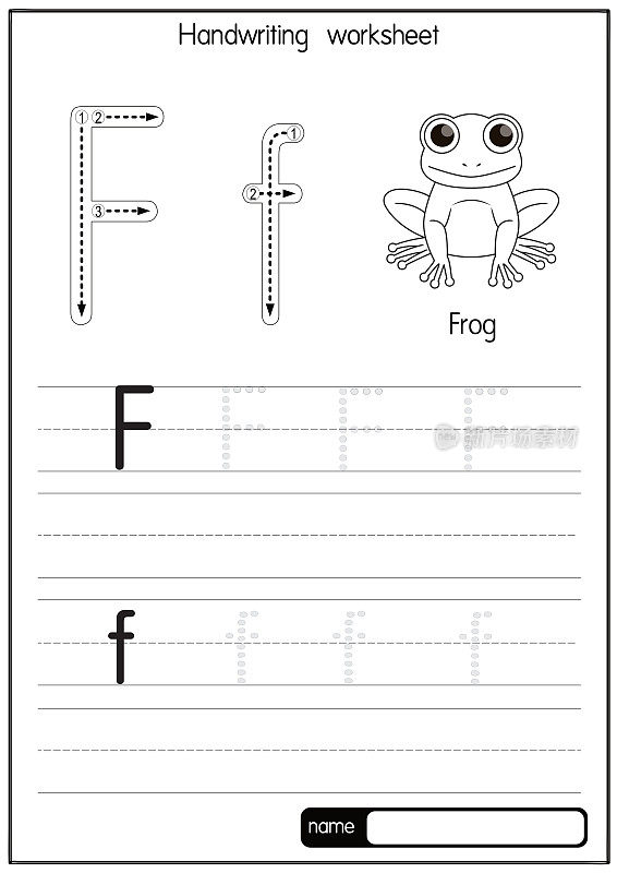 黑白矢量插图青蛙与字母F大写字母或大写字母的儿童学习练习ABC