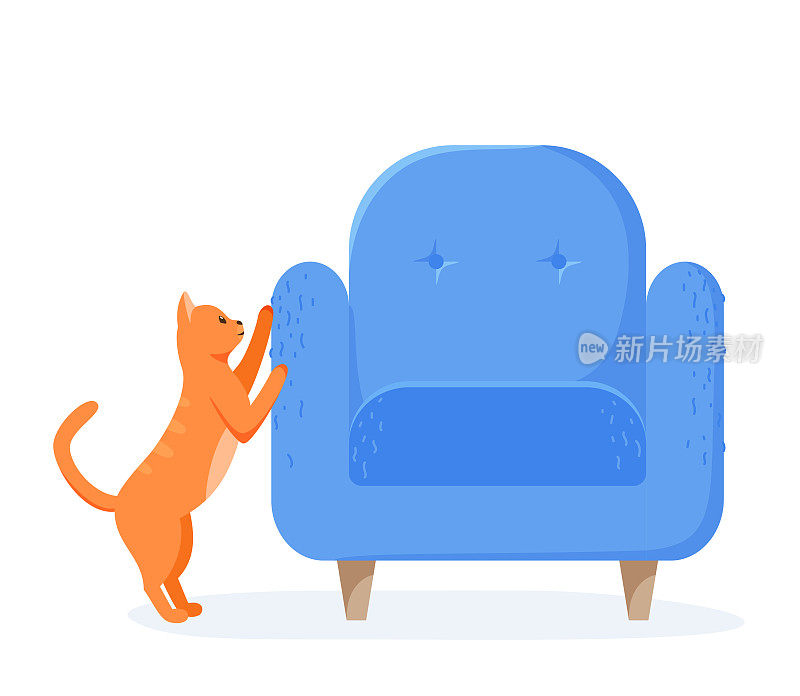 姜猫抓椅子。肮脏的小猫用爪子破坏家具。不乖的宠物撕扯沙发。平风格向量