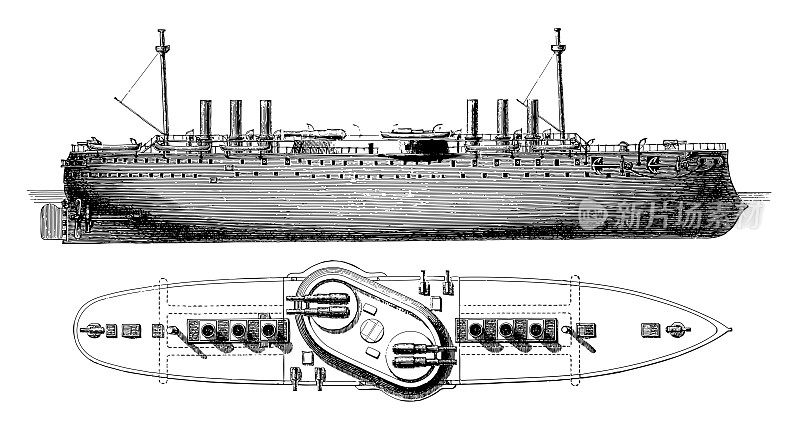 巴贝特战列舰(意大利)-老式雕刻插图