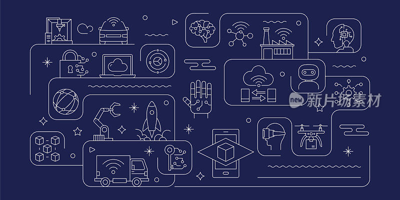 与技术相关的未来矢量旗帜设计概念，现代线条风格与图标