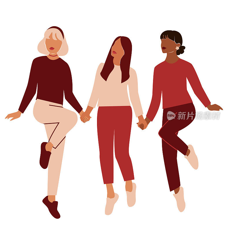 三个不同民族、不同文化的女人手拉手一起跳，祝你妇女节快乐!坚强勇敢的女孩互相支持。姐妹情谊和女性友谊。向量的女孩