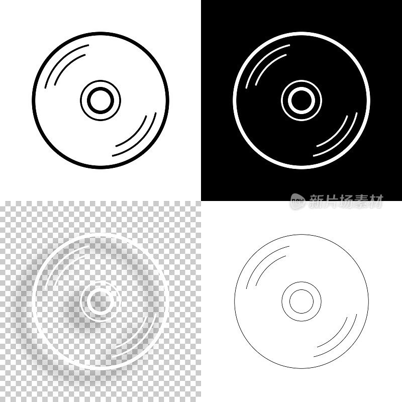 CD或DVD。图标设计。空白，白色和黑色背景-线图标