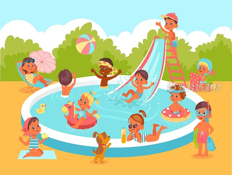 泳池派对的孩子。有趣的水上游戏。快乐的孩子们和漂浮的玩具。男孩和女孩骑游泳池滑梯。字符膨胀的圆圈和球。海滩夏日休闲。向量的概念