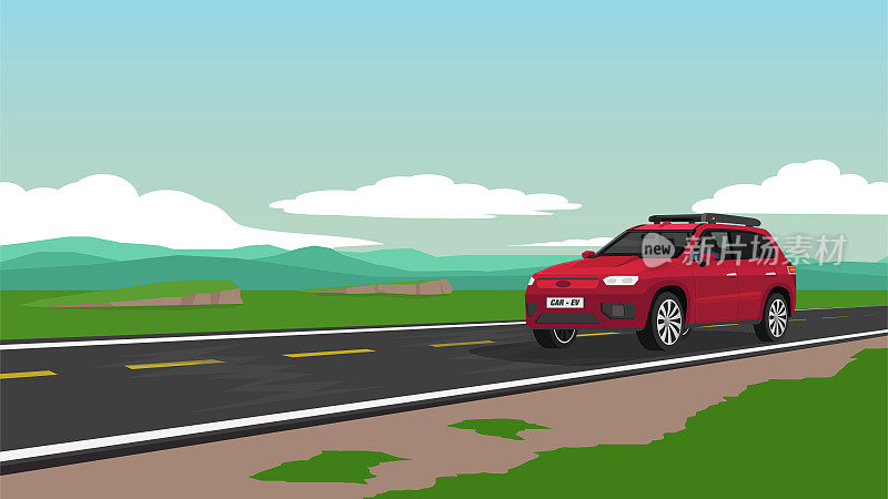 红色电动汽车适合全家去大自然旅行。司机独自一人走在柏油路上。