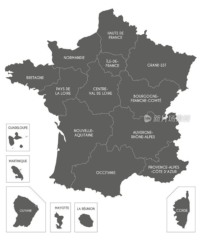 带有区域、领土和行政区划的法国矢量地图。可编辑和明确标记层。