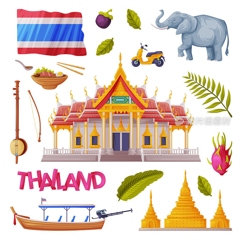 泰国符号和对象与佛教寺庙，大象和木船向量集