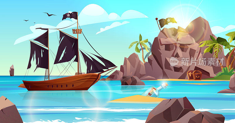 骷髅形状的岩石岛，海中有海盗旗和棕榈树。瓶子里有纸信息。2d游戏或冒险任务的卡通矢量插图。
