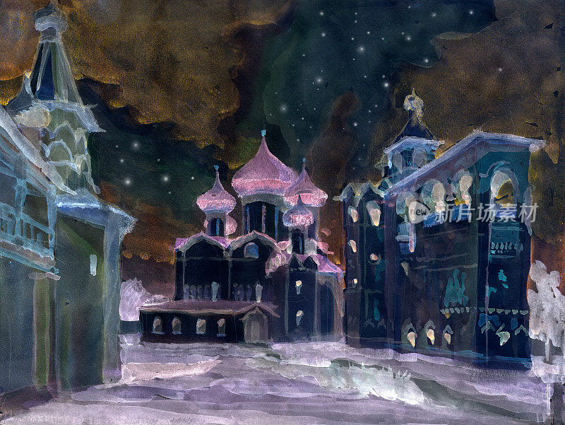 俄罗斯苏兹达尔镇传统古建筑修道院的水彩画圣诞夜景观