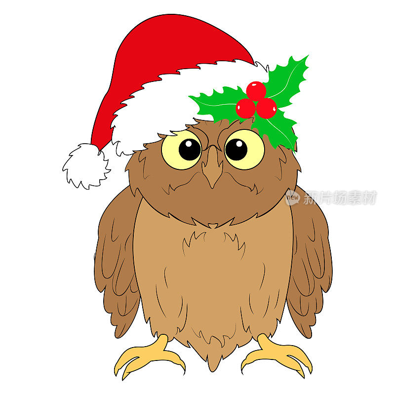 圣诞快乐。圣诞帽猫头鹰的贺卡。新年的猫头鹰。