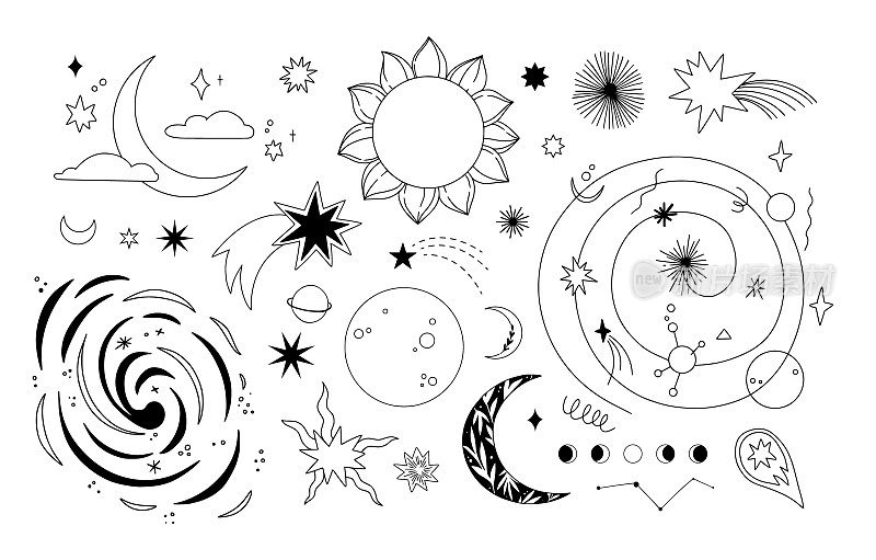 轮廓矢量插图-宇宙符号。带有卫星、恒星和其他标志的线性行星。空间和星系。完美的标志，卡片，印刷，品牌，贴纸