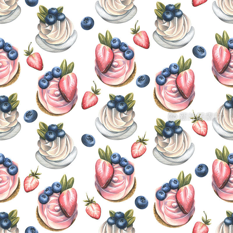 蛋糕配奶油，蓝莓和草莓。水彩插图。从SWEETS系列的白色背景上无缝图案。用于纺织品、壁纸、菜单的装饰设计。