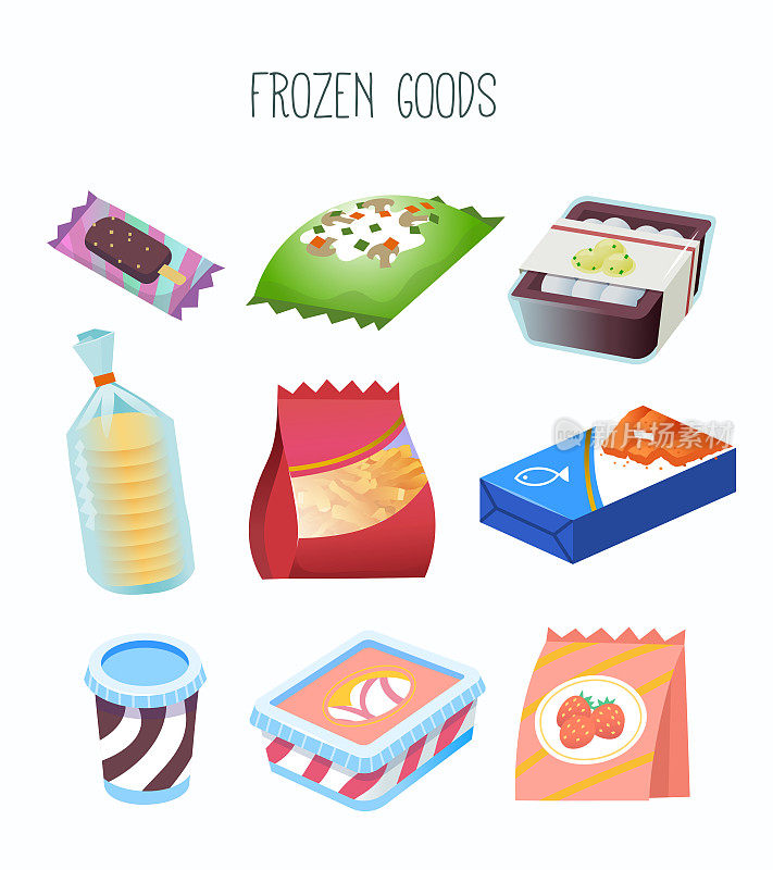 在杂货店或网上市场收集商品和冷冻食品。孤立的矢量插图与水果和蔬菜，煎饼冰淇淋和披萨。