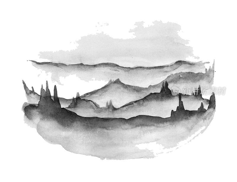 程式化的黑色水墨画，雾蒙蒙的森林树木在白色的背景。传统的东方水墨画。
