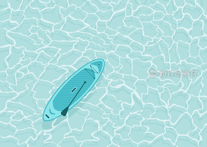 支持板在水面上。冲浪板与桨在海洋或蓝色的大海。矢量插图与水上运动设备。