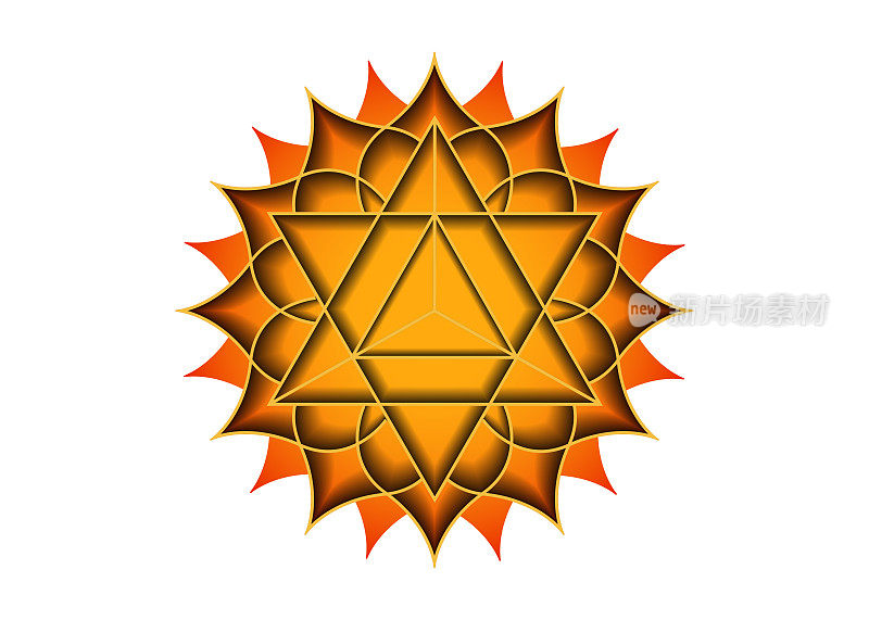 神圣的几何图形，默卡巴的神秘符号，第二脉轮脉轮，桔黄色的神圣莲花，神奇的标志几何曼荼罗设计，矢量孤立在白色背景