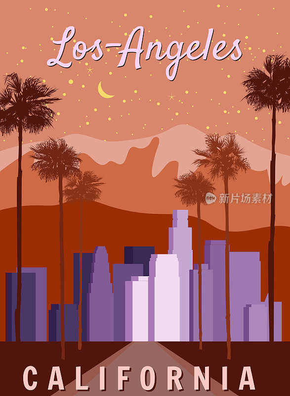 复古海报洛杉矶，市中心，城市景观。复古,场景加州