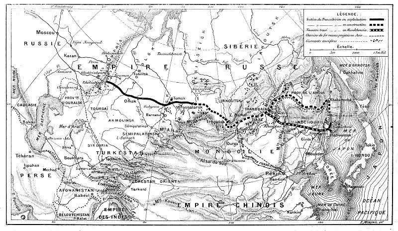 古董插图:西伯利亚大铁路地图