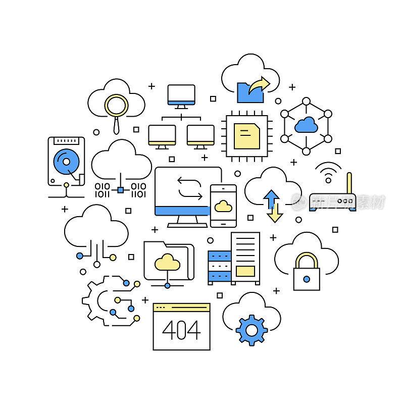 云计算相关矢量横幅设计概念，现代线条风格与图标