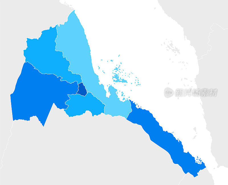 高度详细的厄立特里亚蓝色地图与区域和国家边界