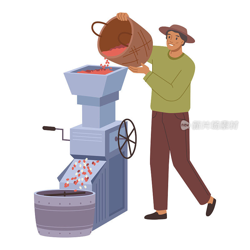 农民生产咖啡，孤身一人将咖啡豆投入机器进行研磨。农场种植生产，本地经营。平面矢量