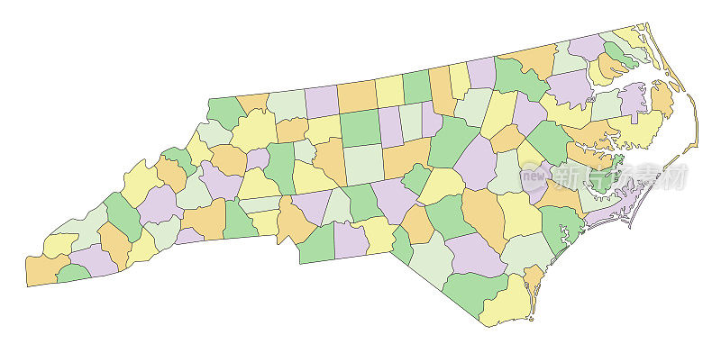 北卡罗莱纳州-高度详细的可编辑的政治地图。