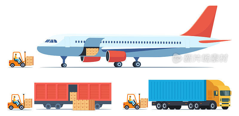 装着货物的箱子装入不同类型的货物运输。货运飞机、火车、卡车和叉车将货物装载进去。货物和交付，物流和货运交通，矢量插图。