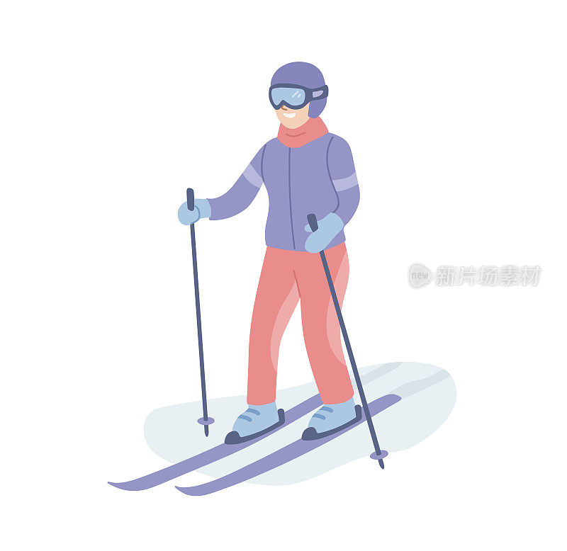 女滑雪者在雪地上滑雪。冬季运动，冬季活动。竞争。女人在天空翱翔。运动员。平面向量插图。