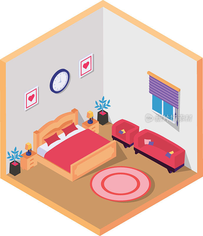 现代设计的舒适卧室与家具概念，特大号床矢量等距图标设计，紧凑的生活空间符号，室内装饰标志，低聚家庭办公室库存插图
