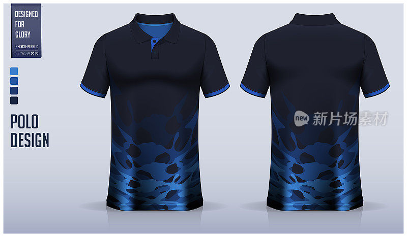 蓝色polo衫模型模板设计为足球球衣，足球装备，高尔夫，网球，运动装。抽象的图案。