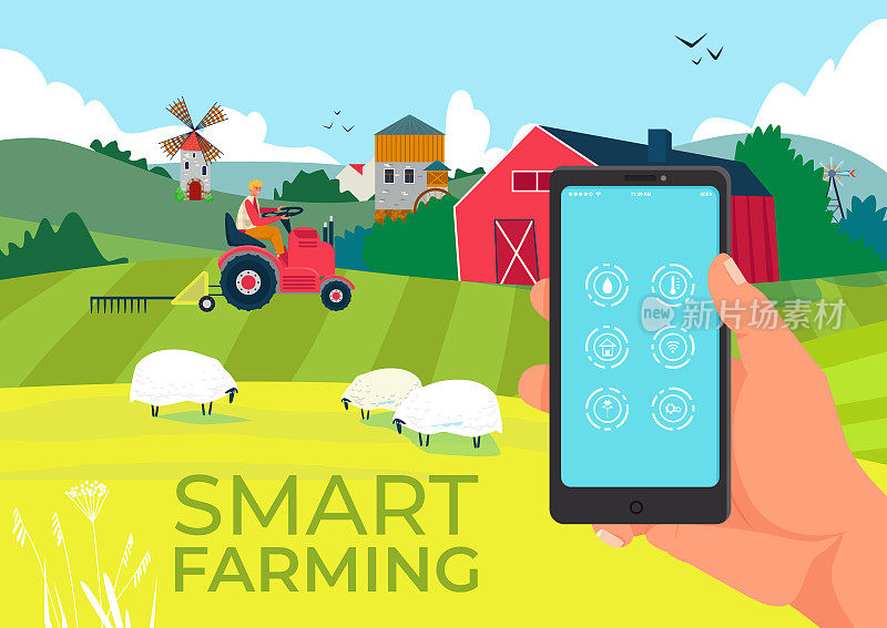 智能手机农业技术，智能农场商业矢量插图。拖拉机在工业田间，农业创新在手中。