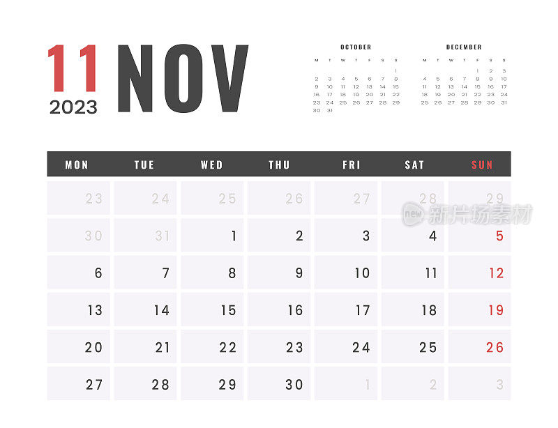 2023年11月的月历模板。矢量简单的灰色网格布局墙或台历与周开始周一打印