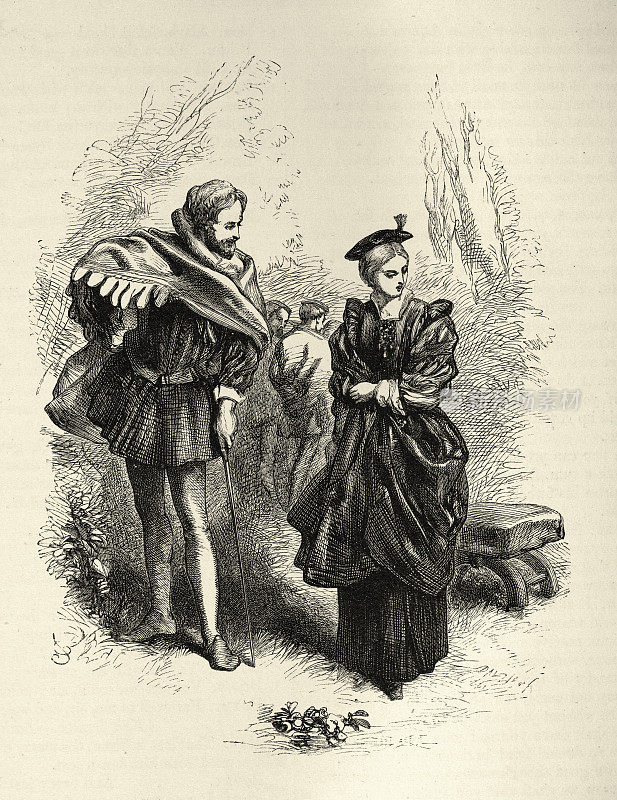 威廉・莎士比亚的《爱的徒劳》中的场景，伊丽莎白时代的喜剧《拜伦与罗莎琳》