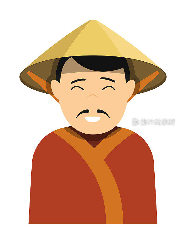 日本商人，小黑胡子，戴着国家草帽。身着节日传统服饰的古代男子。卡通人物。矢量隔离在白色背景上