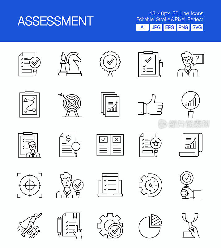 评估细线矢量图标集。设计是可编辑的，颜色可以改变。创意图标的矢量集:分析、评估、结果、目标、进展
