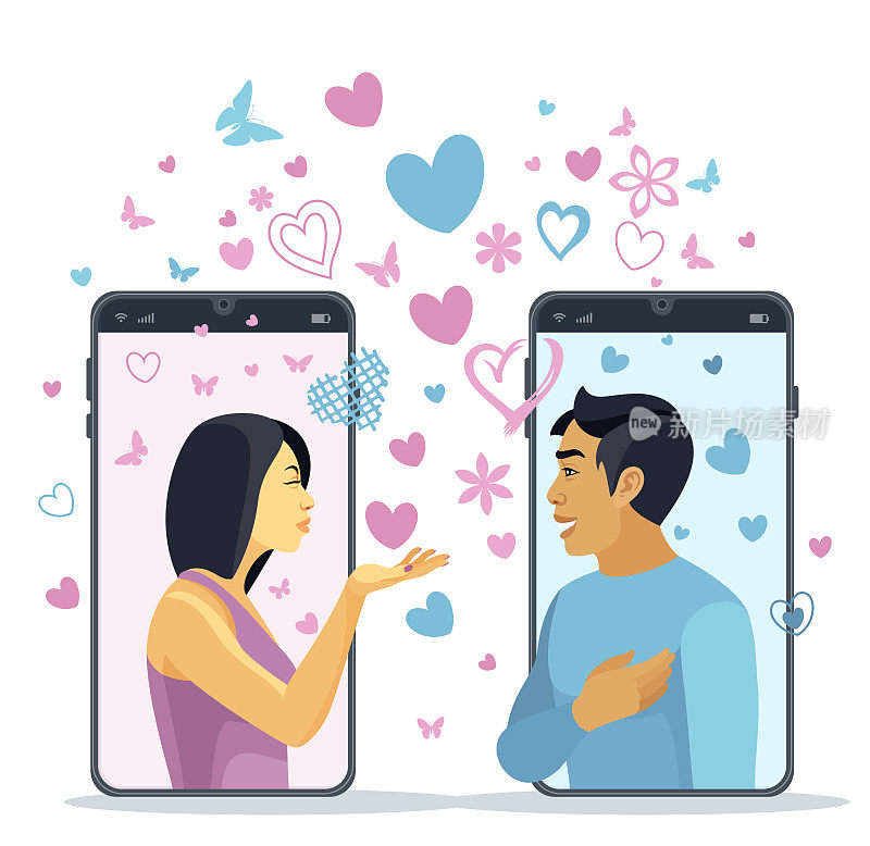 一个亚洲女人向一个男人飞吻。网上约会的年轻情侣。