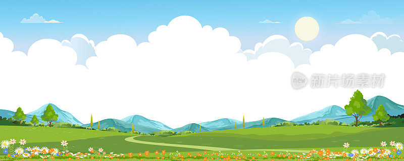 春日绿野山水以山为背景，蓝天白云为背景，春日田园风光全景以绿草地为背景。卡通矢量插图春夏横幅