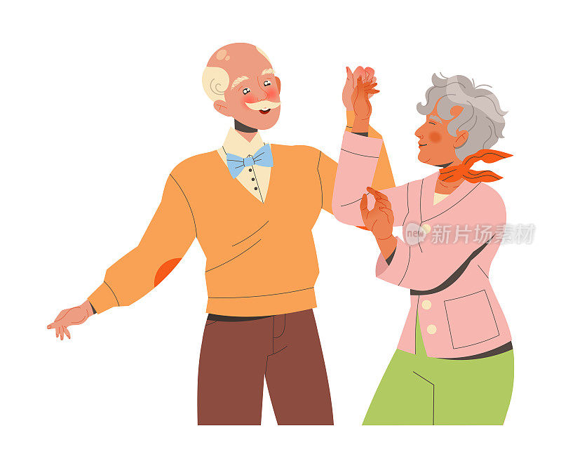 在退休矢量插图上，男人和女人养老金领取者在爱好活动中一起跳舞