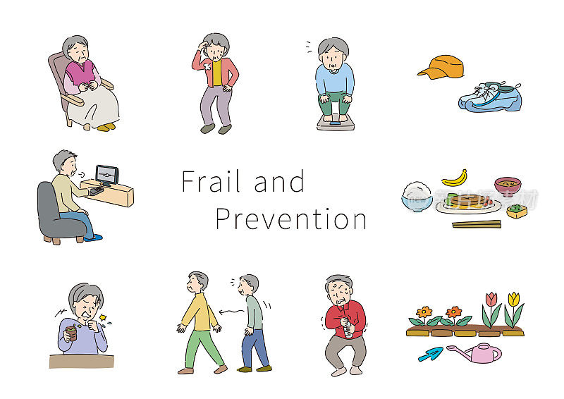 有虚弱迹象的老年人(介于健康和需要护理之间的虚弱)、运动、饮食和社会贡献作为预防虚弱的支柱的矢量说明